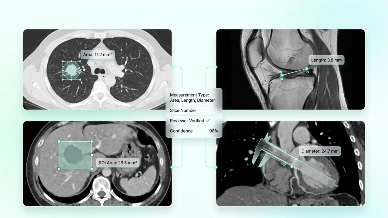 Length, rectangle ROI, and ellipse ROI measurements on DICOM