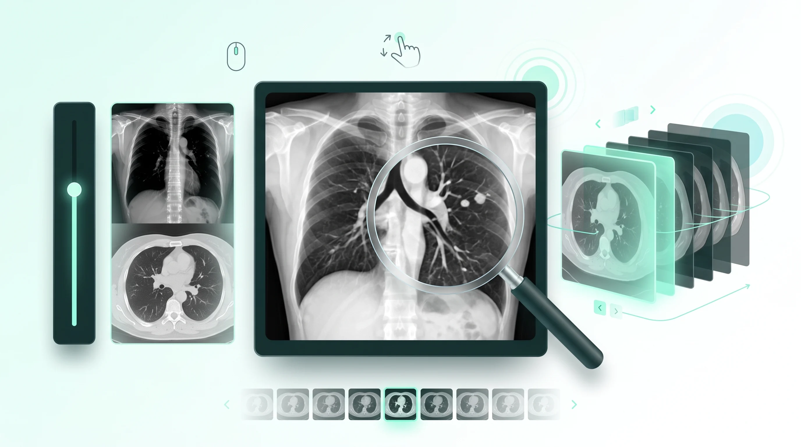 Window and level, zoom, and slice navigation in DICOM viewer