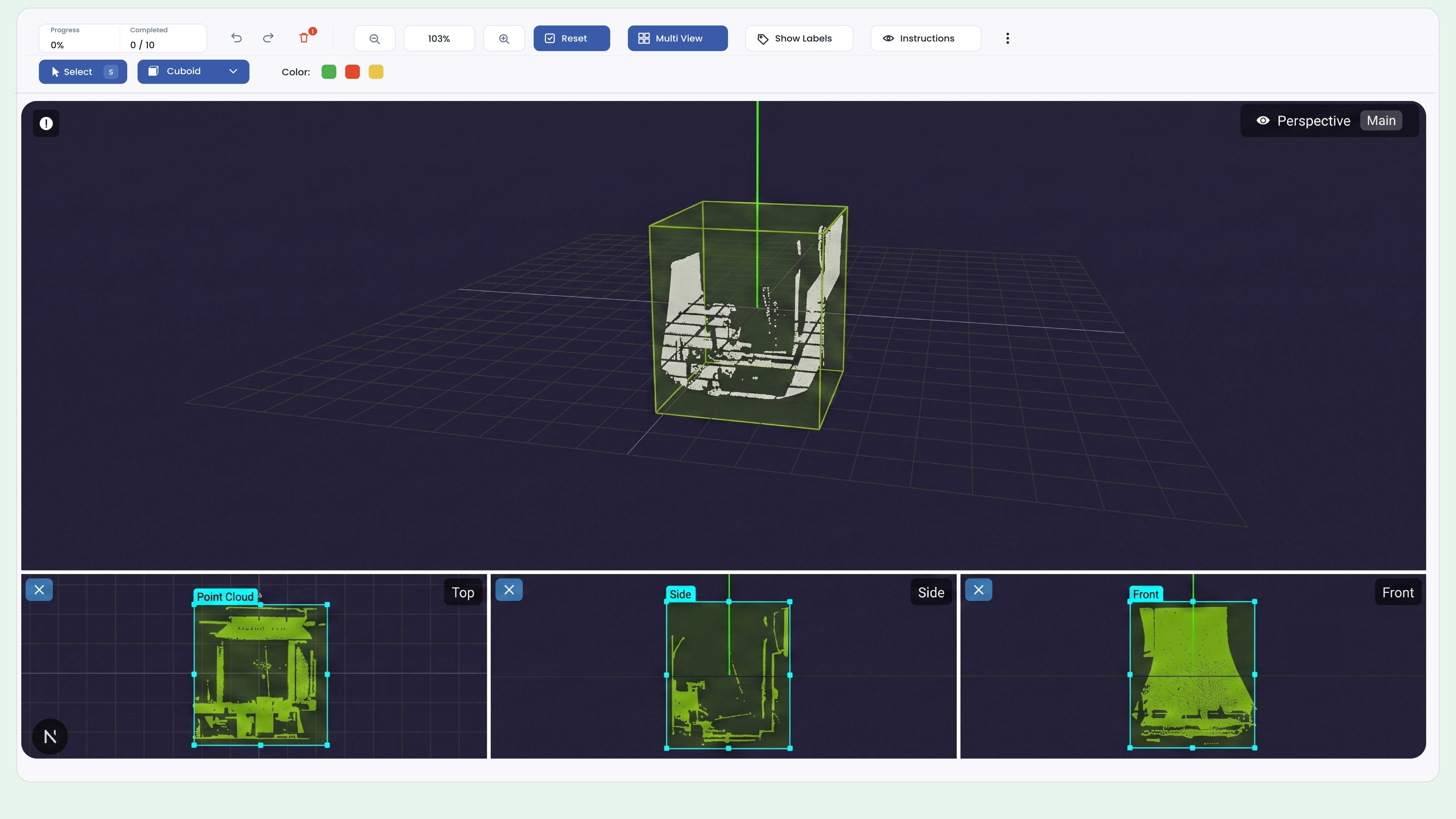 Synchronized four view review in CVAT style