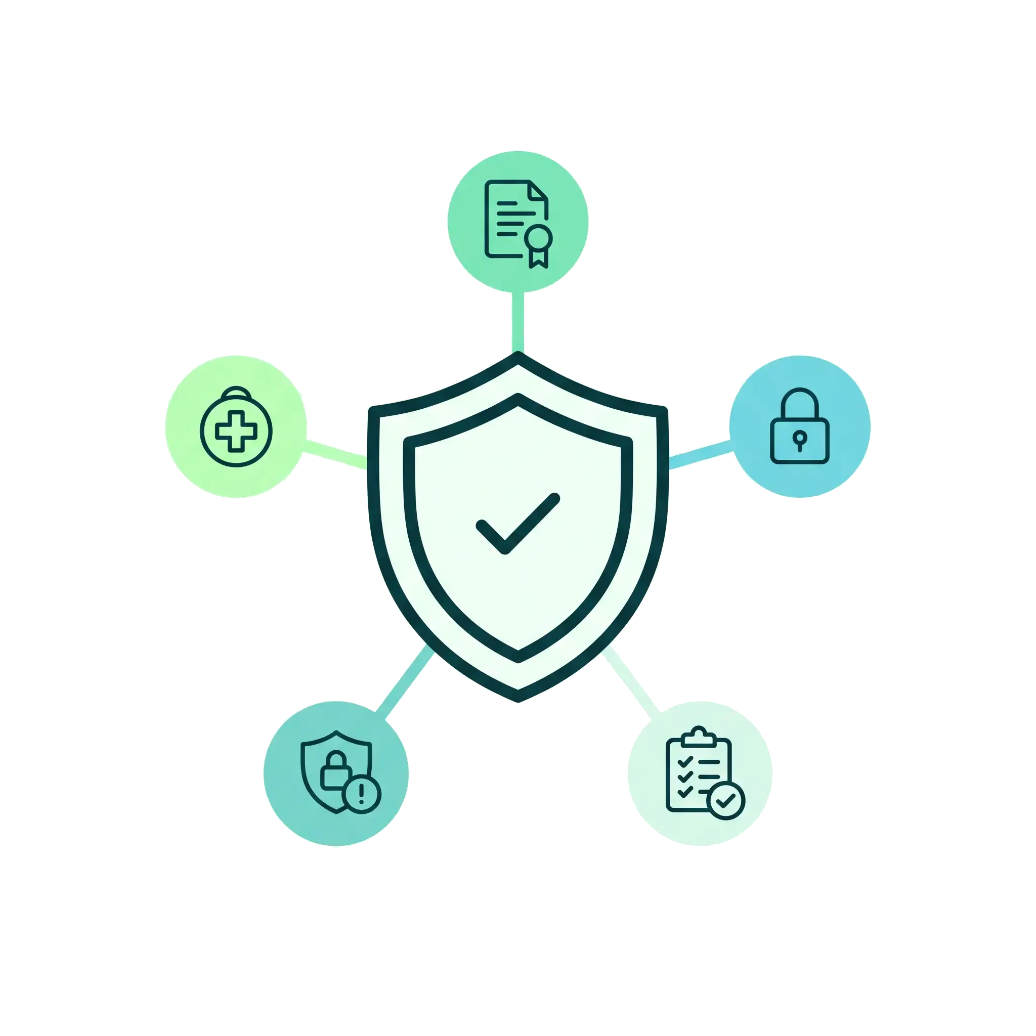 A shield with a check, linked to five controls: certification, lock, checklist, alert, and care.