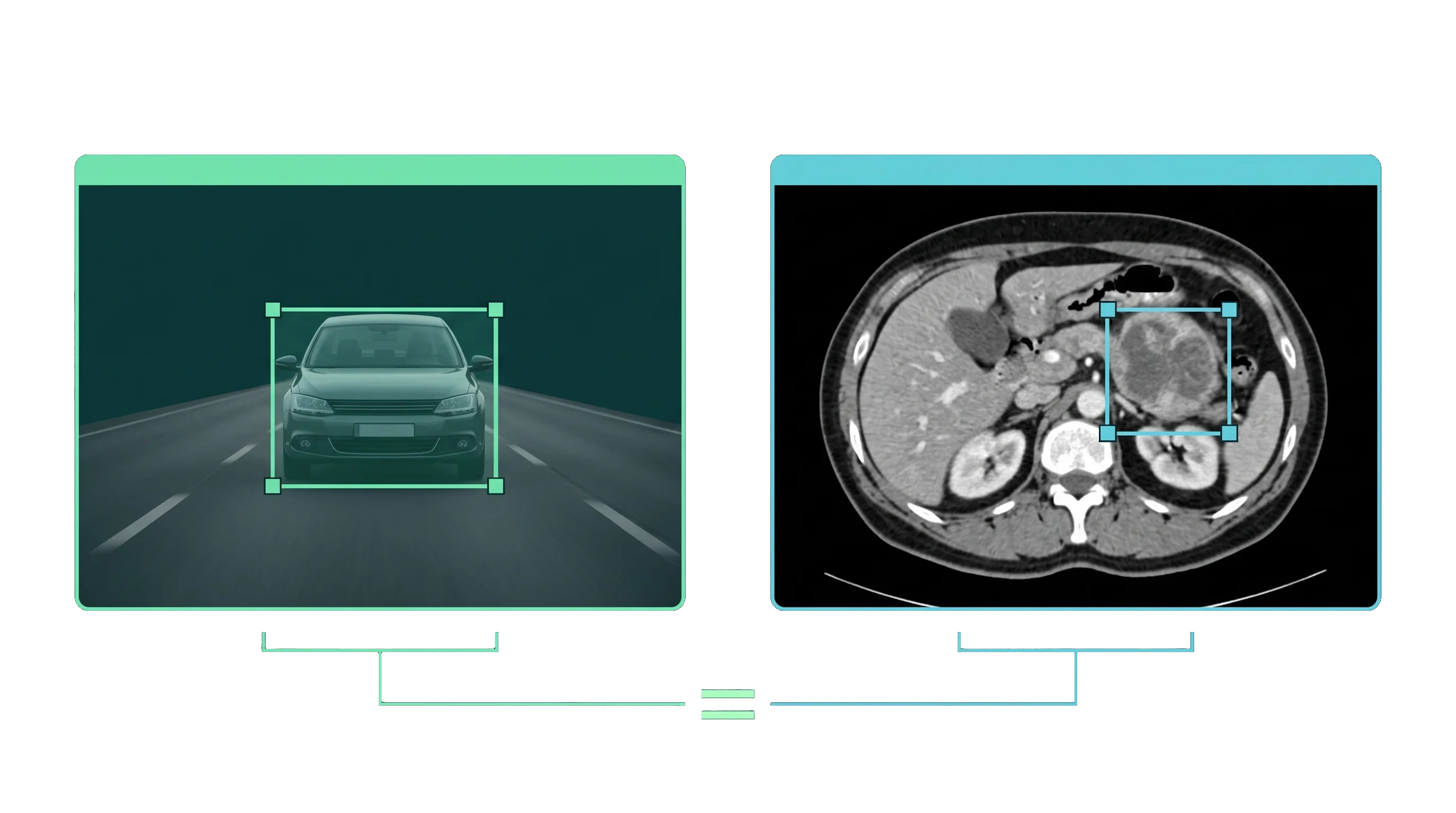 The same bounding box drawn twice: around a car on a road, and around a finding on a medical scan.