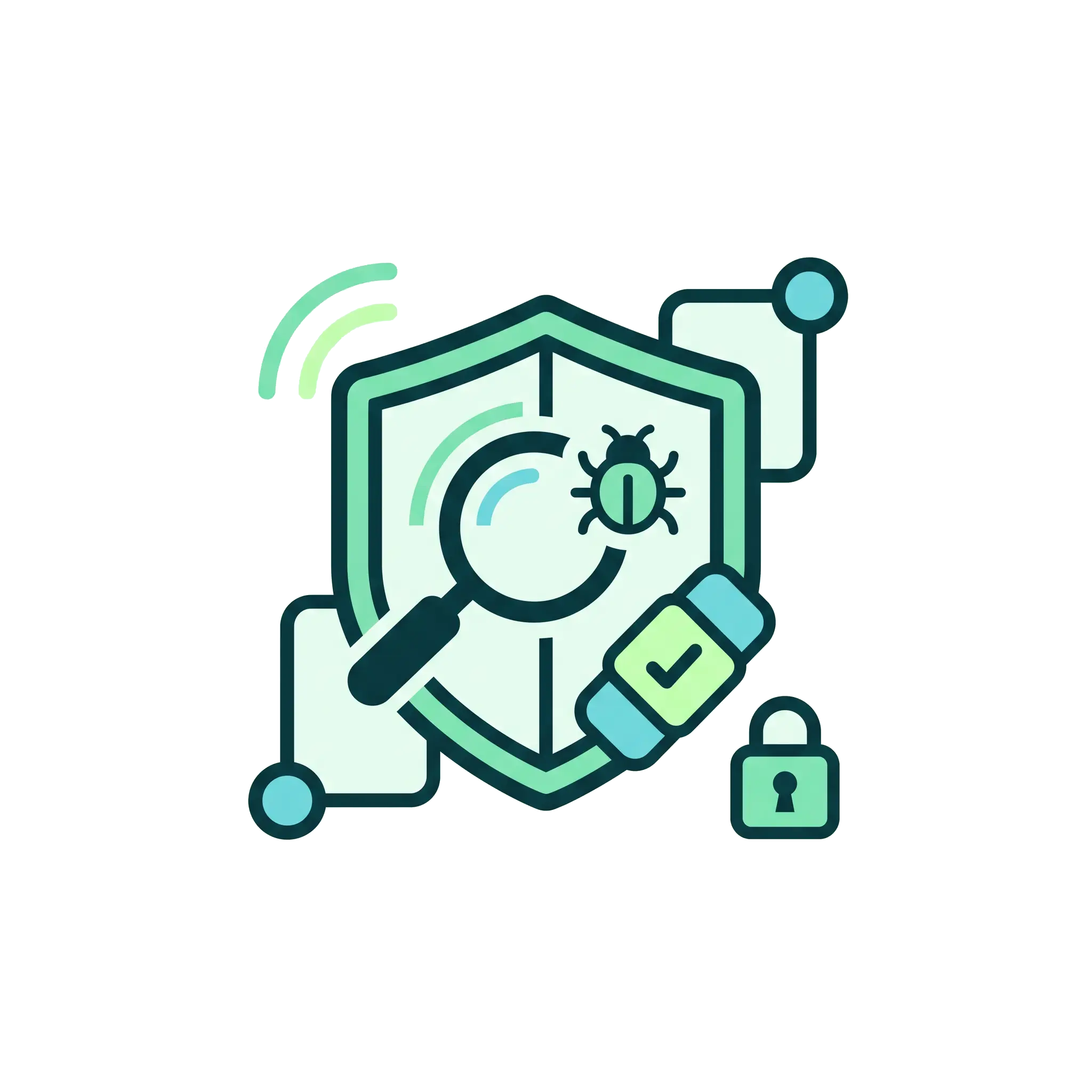 A shield over a network, linked to third-party testing and patch management.